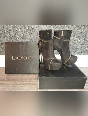 bebe Black Suede Platform Ankle Boots with Gold Zipper and Rhinestone Accents